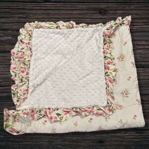 SweetHoney Pink Rose Floral Stripe Minky Cotton Ruffle Blanket HTF
